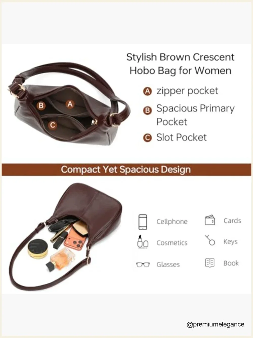 Vegan Leather Crescent Hobo Crossbody Bag with Adjustable Strap